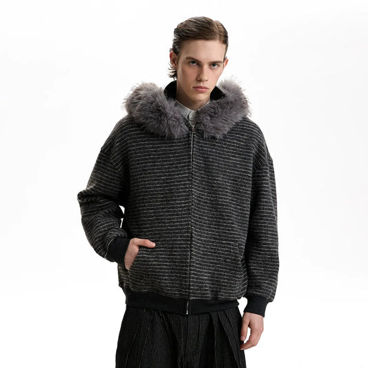 RT No. 40702 FUR COLLAR STIPED ZIPPER HOODIE
