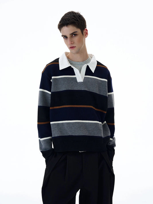 RT No. 20027 STRIPED POLO COLLAR SWEATER