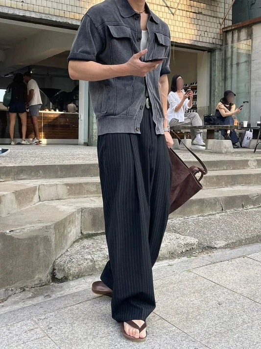 RT No. 19046 GRAY STRIPE PLEATED STRAIGHT PANTS