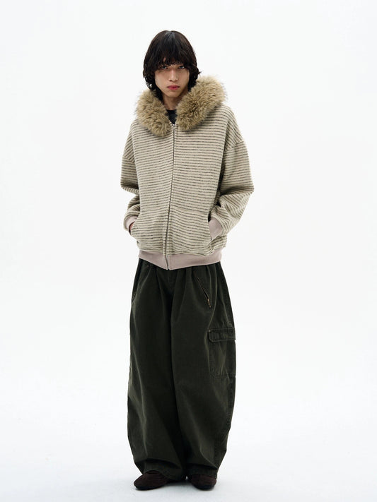 RT No. 32093 KNITWEAR STRIPED FUR COLLAR ZIP HOODIE