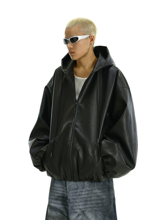 RT No. 11623 BLACK HOODED PULL LEATHER JK