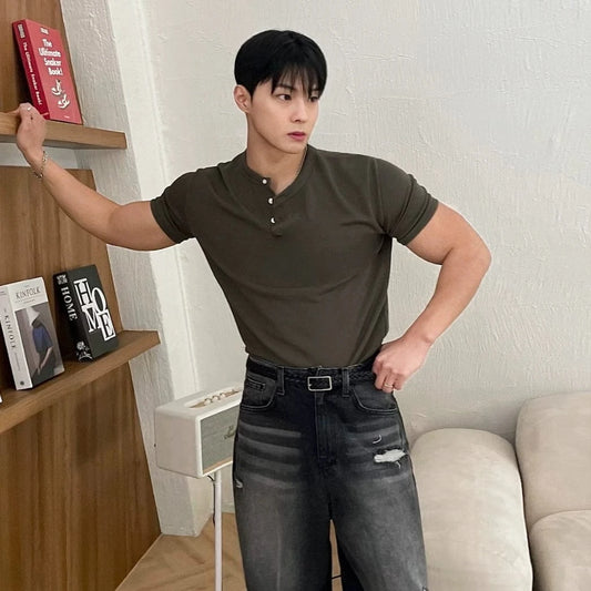 RT No. 18706 ARMY GREEN HENRY COLLAR SHORT SLEEVE