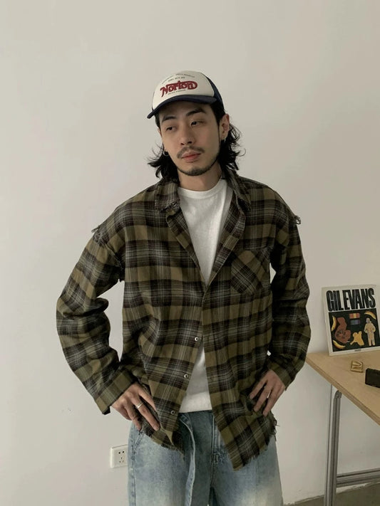 RT No. 18754 DISTRESSED GREEN PLAID SHIRT