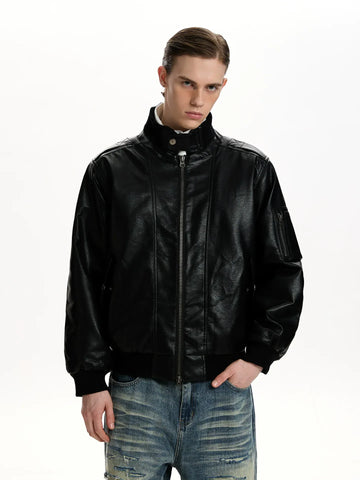 RT No. 50042 BLACK STAND COLLAR LEATHER JACKET