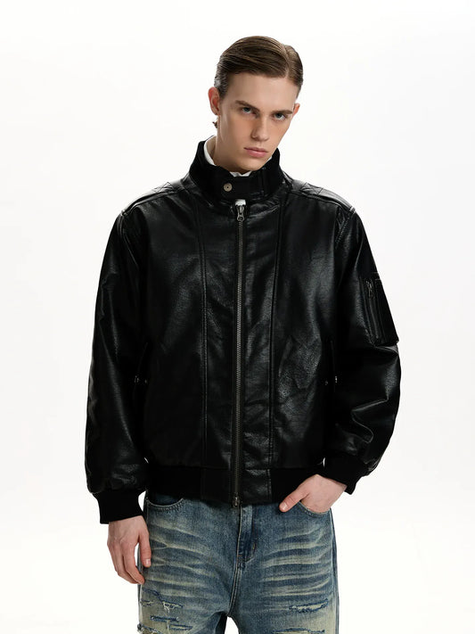 RT No. 50042 BLACK STAND COLLAR LEATHER JACKET