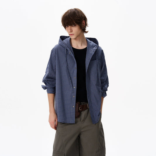 RT No. 18134 PLAID BUTTON-UP HOODED SHIRT