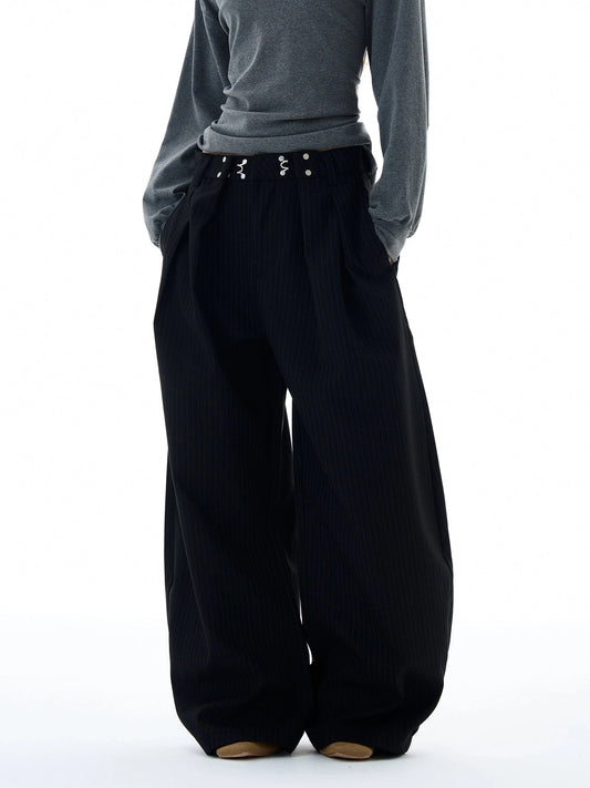 RT No. 25025 BLACK STRIPED PLEATED STRAIGHT PANTS