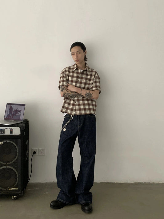 RT No. 19732 BROWN PLAID BUTTON-UP SHORT SLEEVE