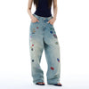 RT No. 19567 PRINTED LABEL BLUE DENIM BAGGY STRAIGHT JEANS