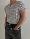RT No. 19008 KNIT STRIPED HENRY COLLAR SHORT SLEEVE