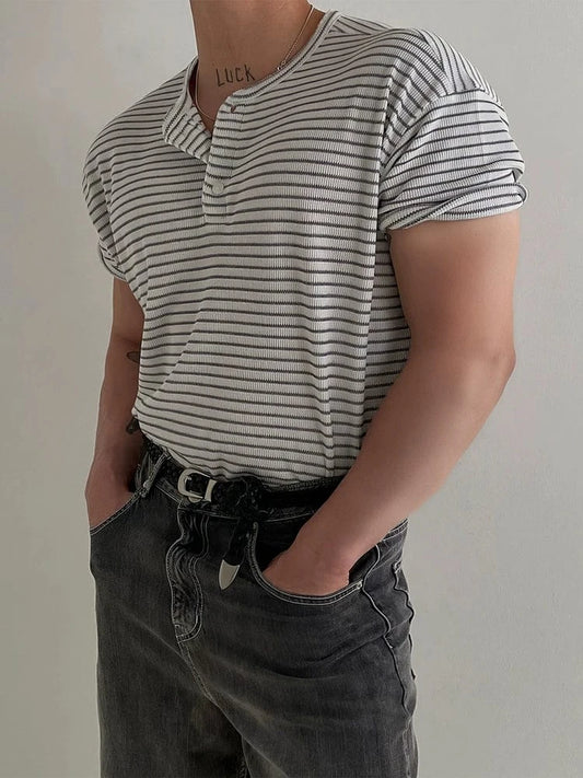 RT No. 19008 KNIT STRIPED HENRY COLLAR SHORT SLEEVE
