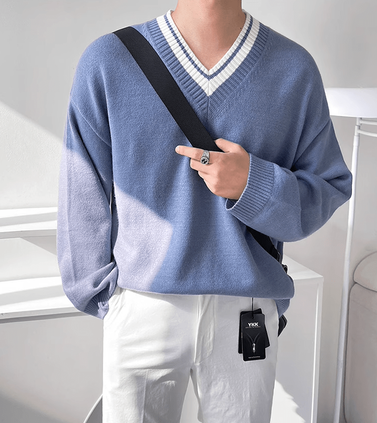 RT No. 10293 CONTRAST V-NECK KNIT SWEATER