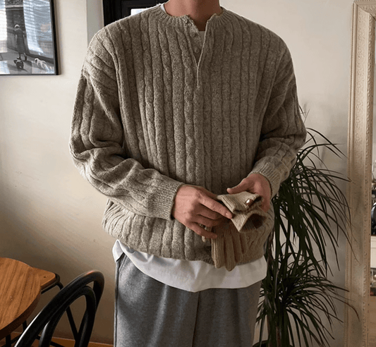 RT No. 12015 TWIST KNIT HENRY COLLAR SWEATER