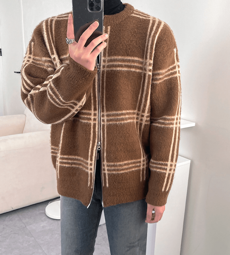 RT No. 6337 KNITTED PLAID ROUND NECK ZIP-UP SWEATER