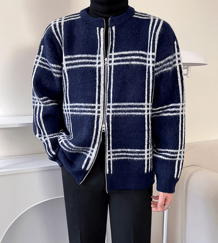 RT No. 6337 KNITTED PLAID ROUND NECK ZIP-UP SWEATER