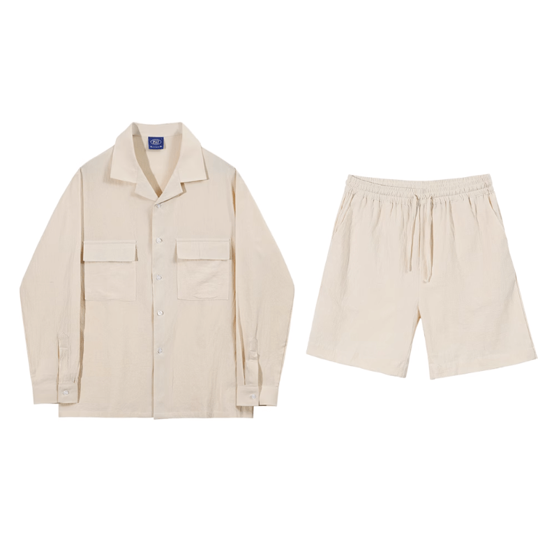 RT No. 7080 KHAKI CREAM LINEN COLLAR SHIRT & SHORTS