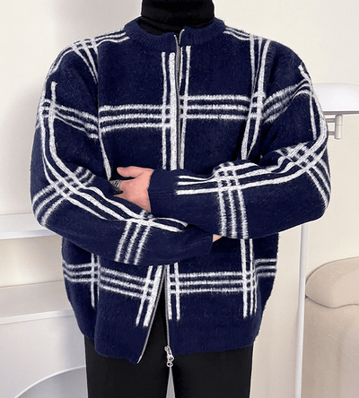 RT No. 6337 KNITTED PLAID ROUND NECK ZIP-UP SWEATER