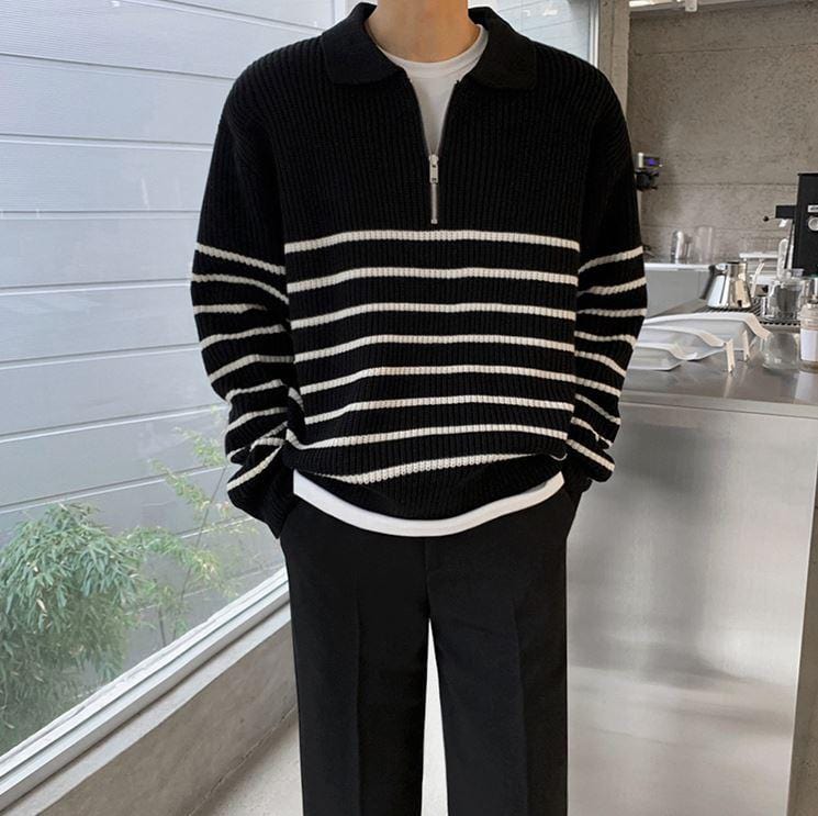 RT No. 5543 KNITTED HALF ZIP-UP STRIPE SWEATER