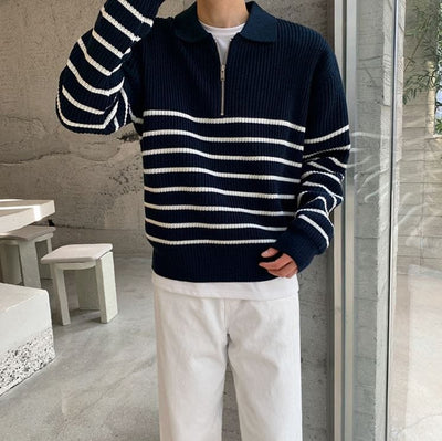 RT No. 5543 KNITTED HALF ZIP-UP STRIPE SWEATER