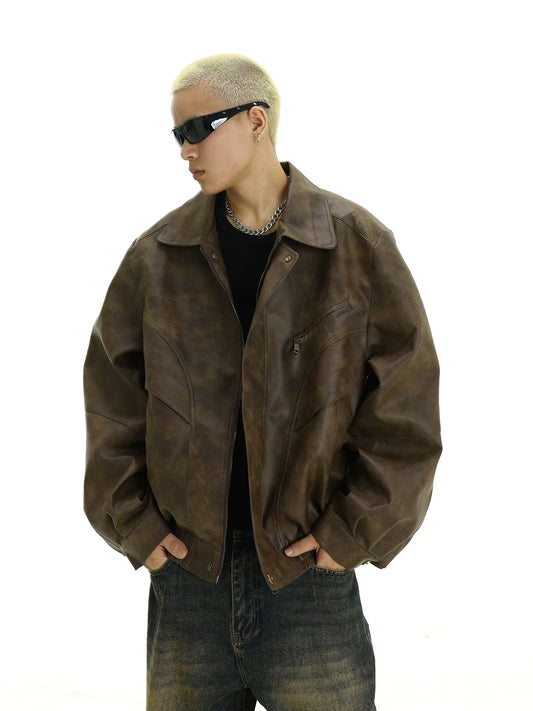 RT No. 10355 BROWN LEATHER ZIP-UP JK