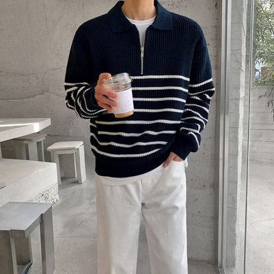 RT No. 5543 KNITTED HALF ZIP-UP STRIPE SWEATER