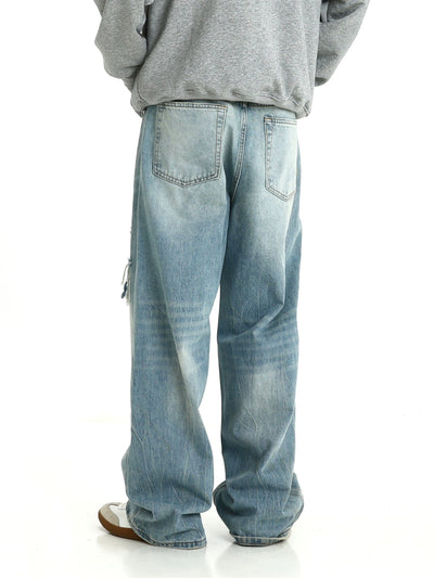 RT No. 10366 BLUE DISTRESSED WIDE STRAIGHT DENIM JEANS