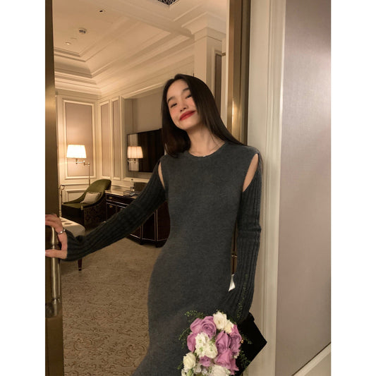 RTK (W) No. 1429 DARK GRAY KNIT LONG SLEEVE DRESS