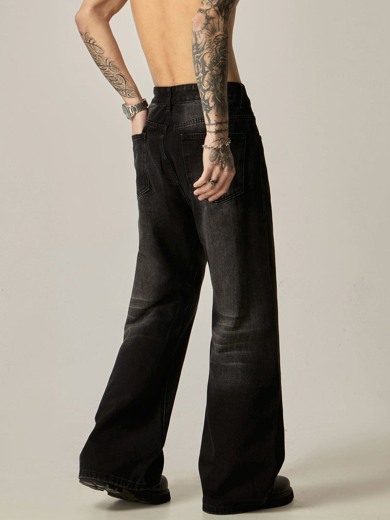 RT No. 11173 WASHED BLACK WIDE STRAIGHT DENIM JEANS