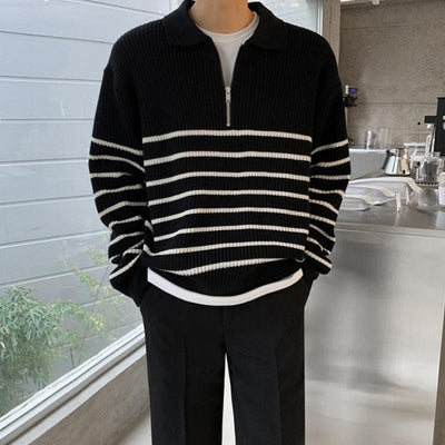 RT No. 5400 KNITTED BLACK STRIPED HALF-ZIP SWEATER