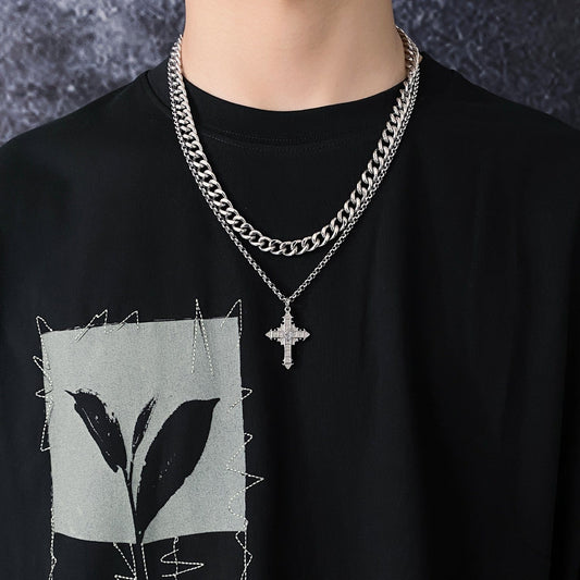 DOUBLE LAYER CROSS CHAIN NECKLACE