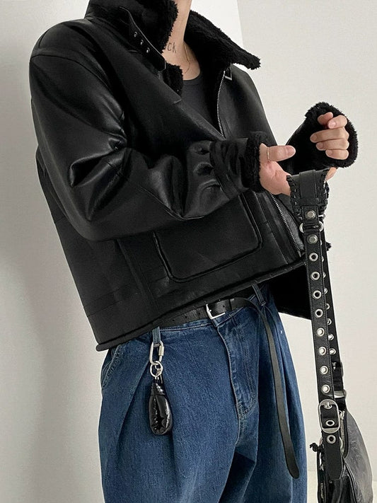RT No. 10338 BLACK STAND COLLAR FLEECE LEATHER JK