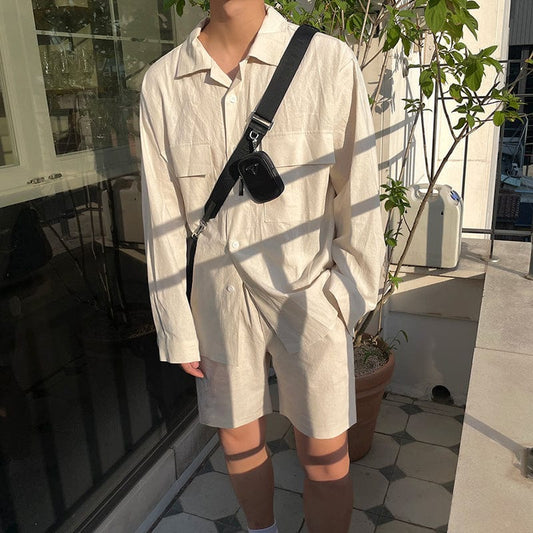 RT No. 7080 KHAKI CREAM LINEN COLLAR SHIRT & SHORTS