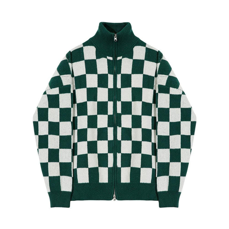RT No. 5564 KNITTED CHECKERBOARD STAND COLLAR ZIP-UP SWEATER
