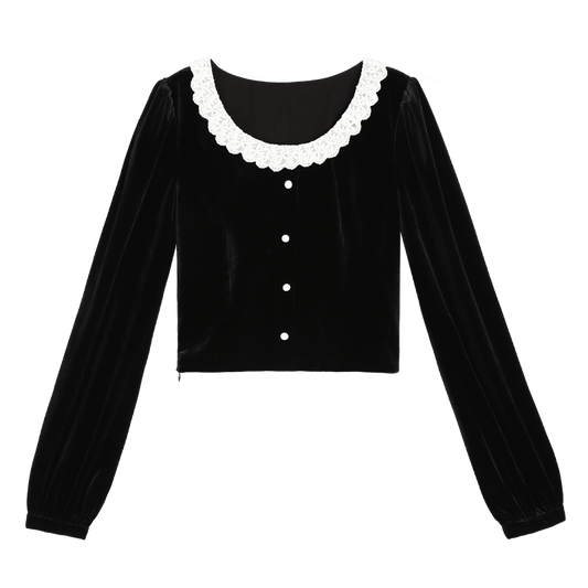 RTK (W) No. 1727 BLACK FRENCH COLLAR STYLE VELVET SHIRT