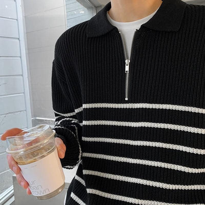 RT No. 5400 KNITTED BLACK STRIPED HALF-ZIP SWEATER