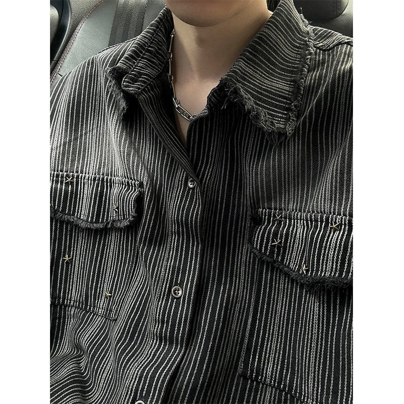 RT No. 10156 DISTRESSED STRIPED BLACK SHIRT