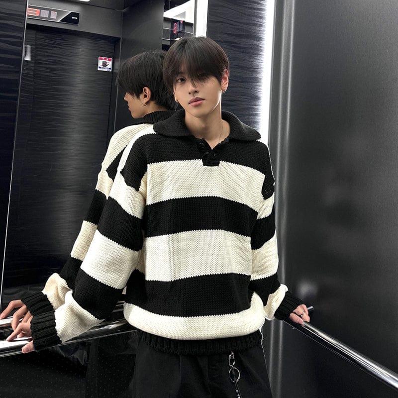 RT No. 6628 STRIPED KNITTED BUTTON-UP SHIRT SWEATER