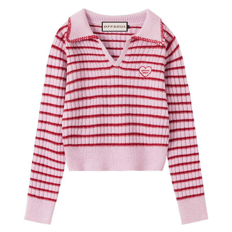 RTK (W) No. 1290 V-NECK KNITTED STRIPED COLLAR SWEATER CROP TOP