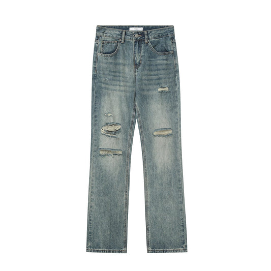 RTK (W) No. 2041 BLUE DISTRESSED RIPPED SLIM STRAIGHT DENIM JEANS