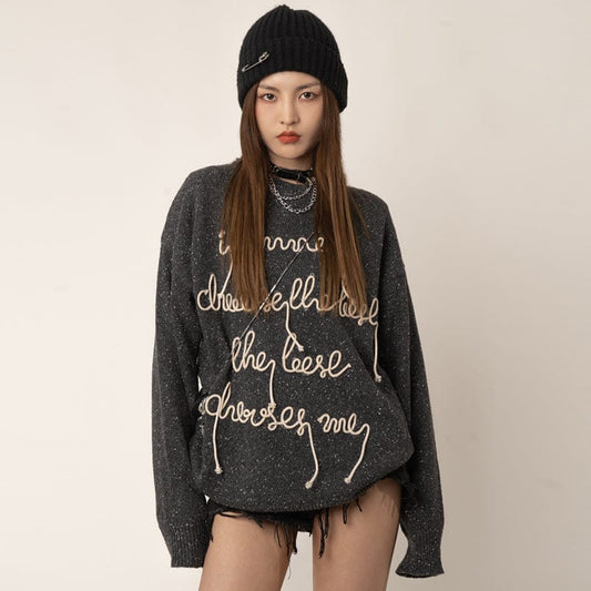 RTK (W) No. 1409 KNITTED EMBROIDERED CURSIVE PULLOVER SWEATER