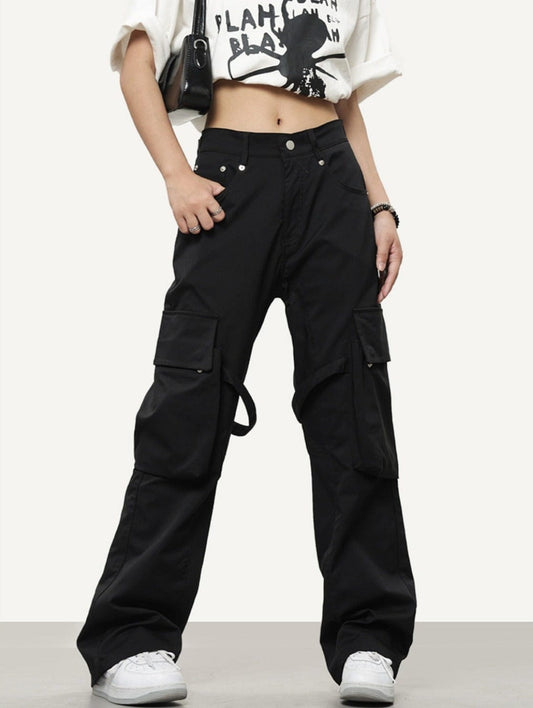 RTK (W) No. 3061 BLACK POCKET STRAIGHT CARGO PANTS