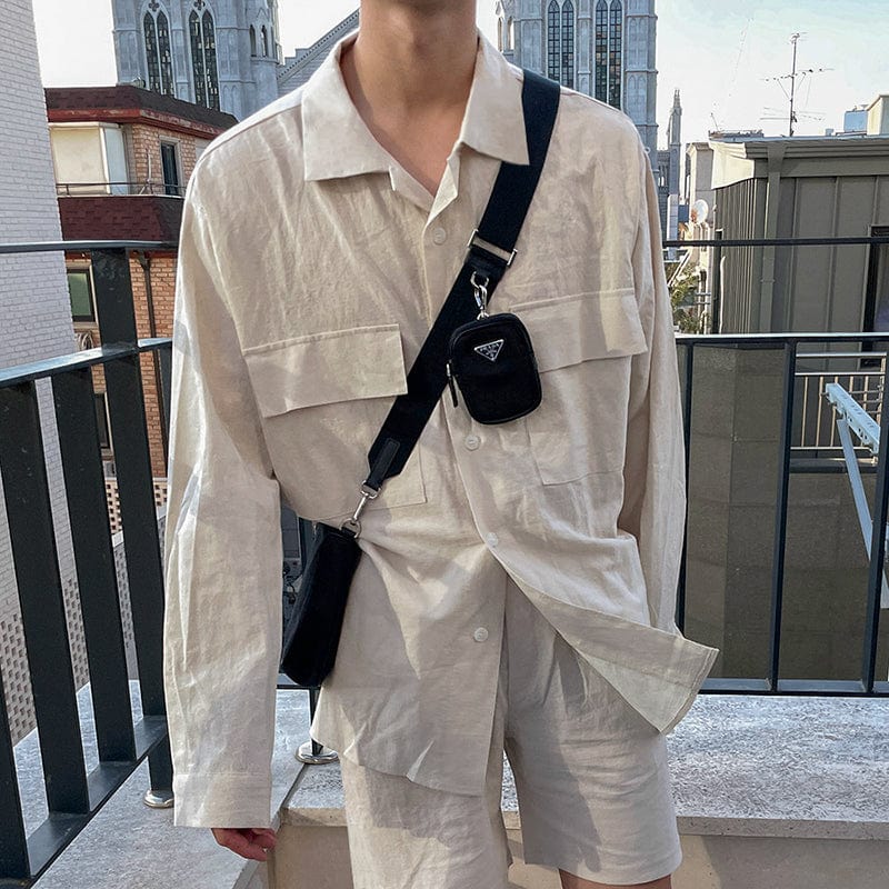 RT No. 7080 KHAKI CREAM LINEN COLLAR SHIRT & SHORTS