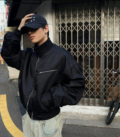 RT No. 8019 BLACK STAND COLLAR ZIP-UP BOMBER JK