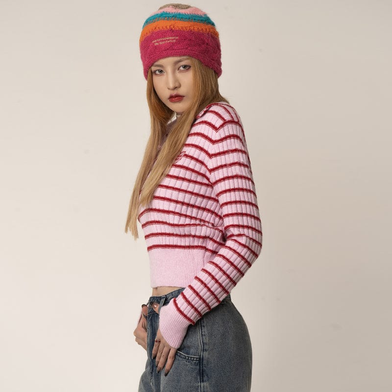 RTK (W) No. 1290 V-NECK KNITTED STRIPED COLLAR SWEATER CROP TOP
