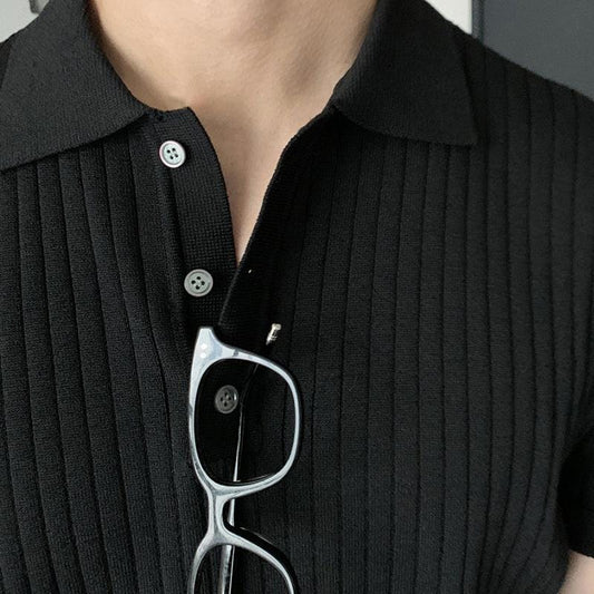 RT No. 5249 BLACK VERTICAL KNITTED SHORT SLEEVE COLLAR SHIRT