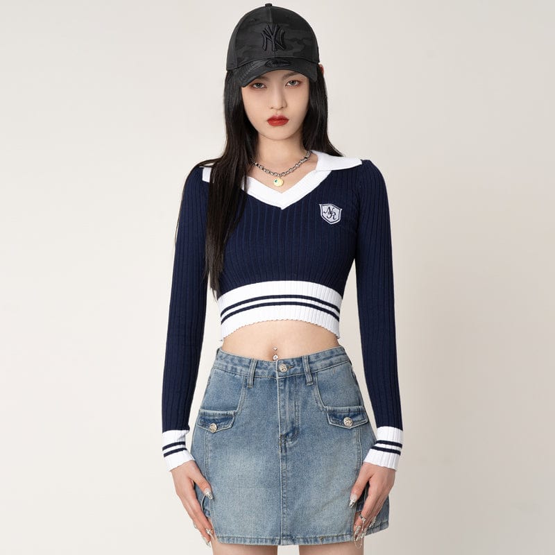 RTK (W) No. 1301 KNITTED EMBROIDERED V-NECK SWEATER CROP TOP
