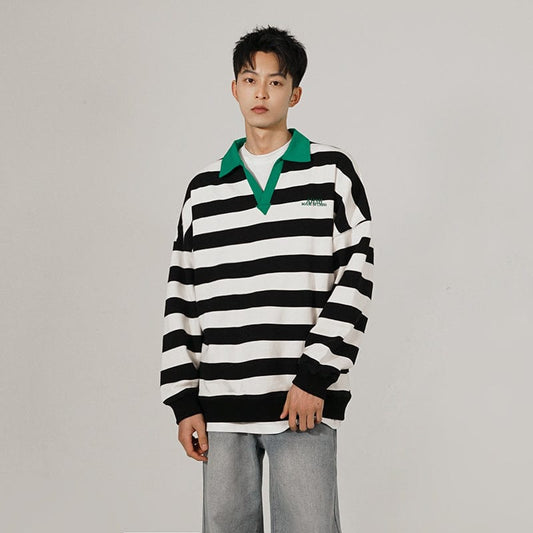 RT No. 6594 STRIPED GREEN COLLAR V-NECK SWEATER