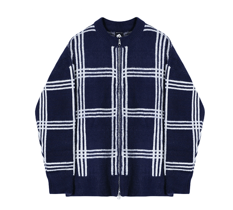 RT No. 6337 KNITTED PLAID ROUND NECK ZIP-UP SWEATER