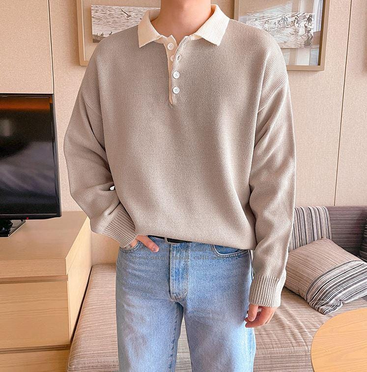 RT No. 5517 KNITTED TWO-TONE QUARTER BUTTON-UP SWEATER